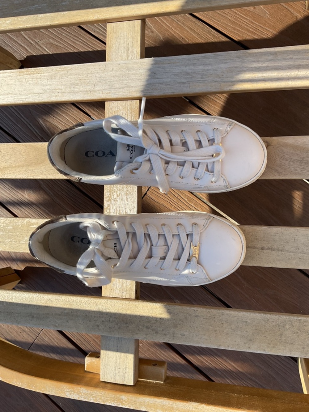 Coach Kids White Leather Lace-Up Sneakers with Gold Accent